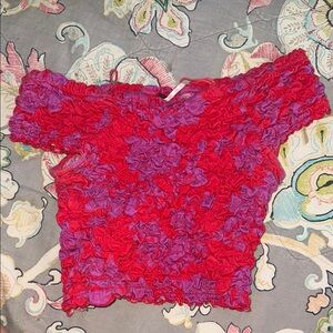 Free People Red and Purple Ruffled Short Sleeve Blouse